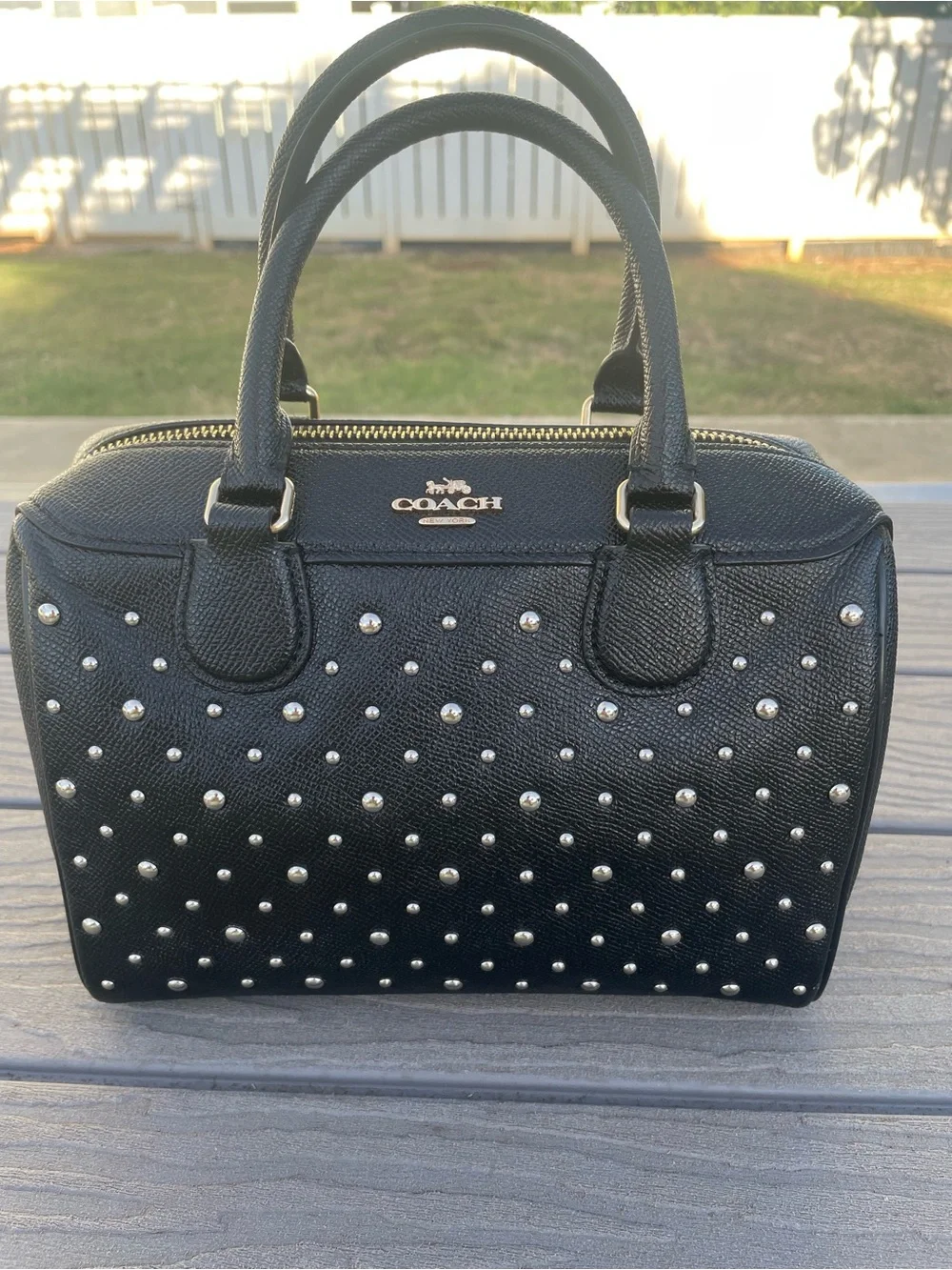 Coach Bennet Black Studded Leather Satchel with Silver Accents